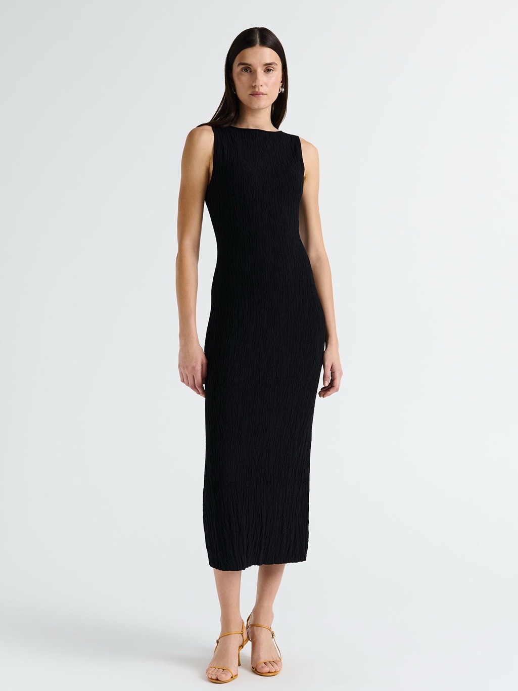 Limited Edition Anna Quan Linen Black Textured Sleeveless Midi Dress